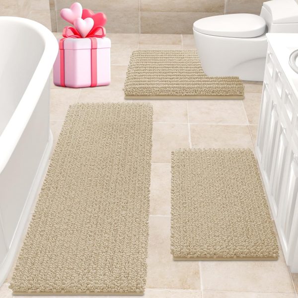 global sourcing accumtek upgrade extra large beige bathroom rug set 3 pieces ultra soft, thick absorbent bath mats, non slip chenille toilet mat for bathroom, bedroom, kitchen oem/odm services