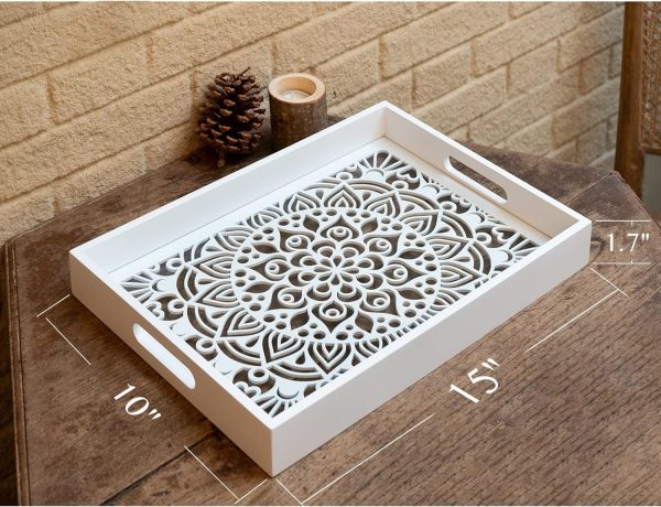 wholesale direct wooden serving tray with handles, white wood couch ottoman tray for living room, decorative tray for coffee table kitchen counter, candle perfume tray displayed for bedroom bathroom,15" x 10" bulk purchase at factory prices