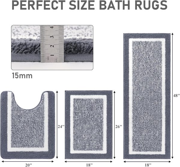 global sourcing pauwer bathroom rug mat set 3 piece, microfiber shaggy bath set, non-slip ultra soft carpet mats, absorbent with u-shaped toilet for bathroom, tub, shower, dark grey oem/odm services