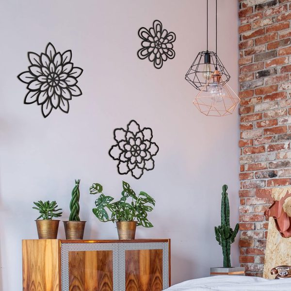 factory direct moxweyeni 3 pieces metal flowers wall decoration, metal rustic wall art decoration farmhouse wall decorations multiple floral hanging decoration for bathroom home office(black, modern style) volume discount