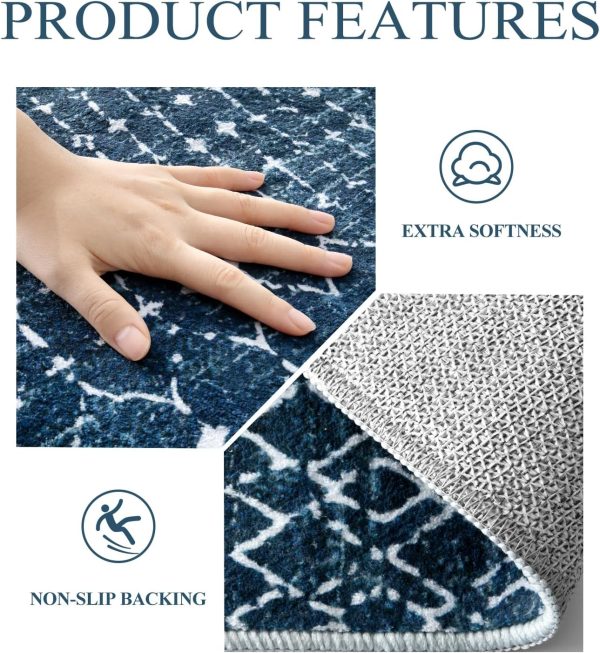global sourcing lahome moroccan indoor rugs for entryway - 2x3 area rug non-slip backing washable inside door mats low-profile throw soft rugs for bathroom, geometric print distressed blue rug for kitchen bedside oem/odm services