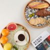 wholesale direct round rattan tray with mother of pearl inlay, rattan serving tray with wooden base, decorative wicker basket for table decor, storage and display of coffee bread food fruit (leaf) bulk purchase at factory prices