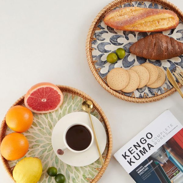 wholesale direct round rattan tray with mother of pearl inlay, rattan serving tray with wooden base, decorative wicker basket for table decor, storage and display of coffee bread food fruit (leaf) bulk purchase at factory prices