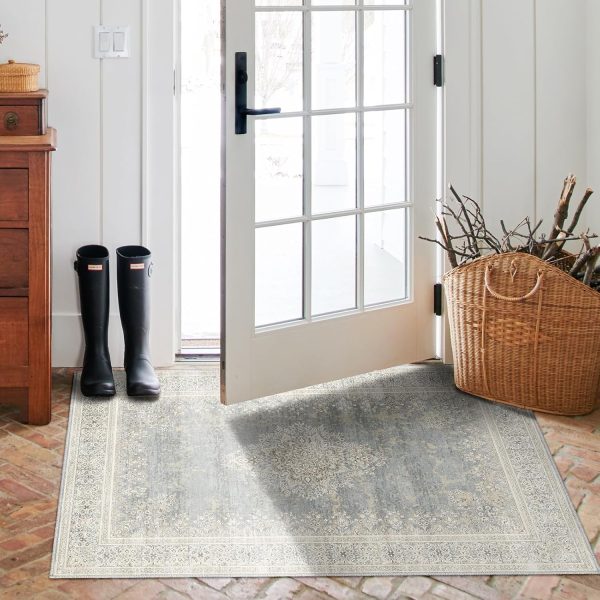 global sourcing 2x3 rug small washable rug distressed thin indoor entryway vintage rug low-pile floor carpet for entrance bedroom kitchen bathroom beige grey oem/odm services