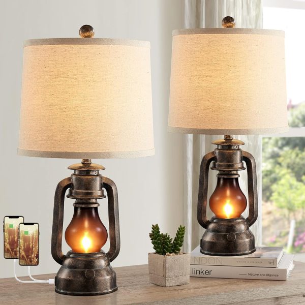 custom wholesale roriano farmhouse lantern table lamps for living room set of 2, vintage bedroom resin lamp with dual usb charging ports, rustic retro bedside nightstand desk lamp, linen fabric shade, 4 bulb included oem/odm services