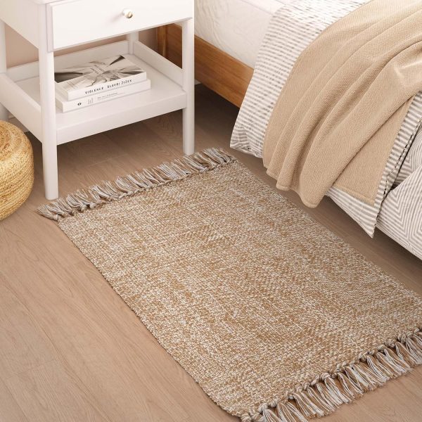 global sourcing collive small bathroom rug, 2' x 3' hand-woven low profile front entryway rug, tan cotton reversible washable kitchen mat modern farmhouse carpet for foyer bedroom back door decor oem/odm services