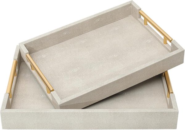 wholesale direct set of 2 shagreen serving tray with gold polished metal handles ivory wood decorative tray pu leather with brushed gold for coffee table ottoman console table bulk purchase at factory prices