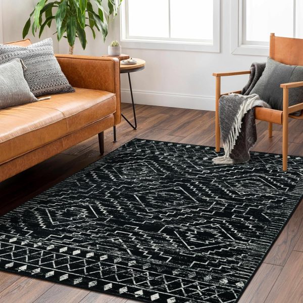 manufacturer direct wonnitar moroccan washable rug 4x6, black boho living room area rug, non-slip farmhouse bedroom carpet dorm room throw rug, low pile soft accent mat for kitchen entry office (black,4'x6') trade price
