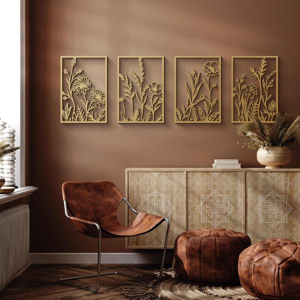 factory direct glamativity 4 pcs black abstract flowers metal wall art, 17 x 12'' minimalist floral single line wall décor, 3d textured sculptures, rustic nature wall art décor for living room, bedroom, study volume discount