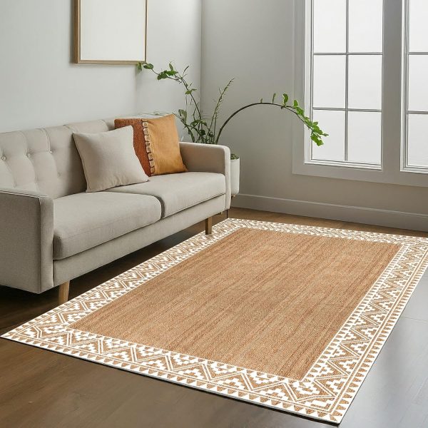 manufacturer direct voyzz home jute braided runner area rug, 6x9-feet rectangular printed jute rug natural handmade jute area rug for entryways living room bedroom farmhouse vintage decor trade price