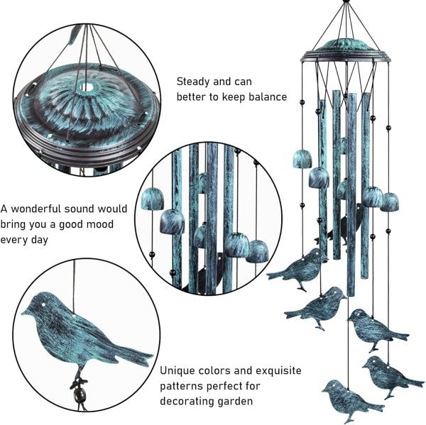 producer to buyer monsiter qe bird wind chimes for outside, outdoors with 4 large aluminum tubes & s hook - clearance hanging decor for garden, patio, backyard or porch discounted pricing