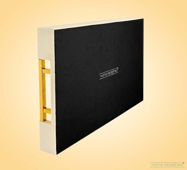 wholesale direct modern elegant 18"x12" rectangle cream glossy shagreen decorative serving tray with gold polished metal handles by home redefined for all occasion's bulk purchase at factory prices