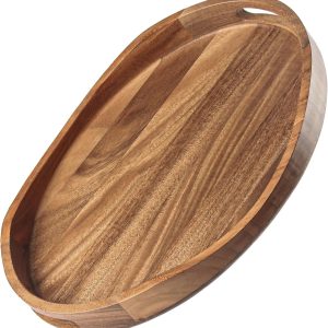 wholesale direct acacia wood serving tray with handles - 17"x13" round, decorative ottoman tray for living room, coffee table, breakfast in bed, candle display bulk purchase at factory prices