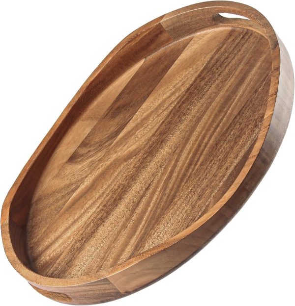 wholesale direct acacia wood serving tray with handles - 17"x13" round, decorative ottoman tray for living room, coffee table, breakfast in bed, candle display bulk purchase at factory prices