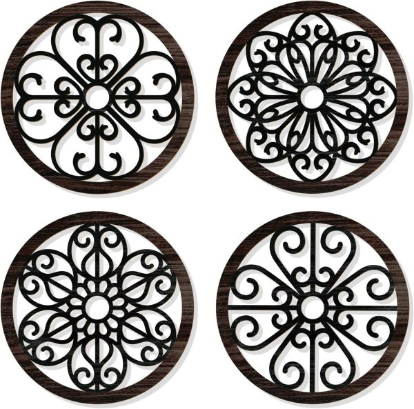 bulk purchase zzbakress 4 pcs wooden grainy rustic wall art farmhouse wall decor wooden exquisite hollow pattern wall decor elegant round wall art for living room dinner room kitchen bedroom hallway (black, rustic) trade price