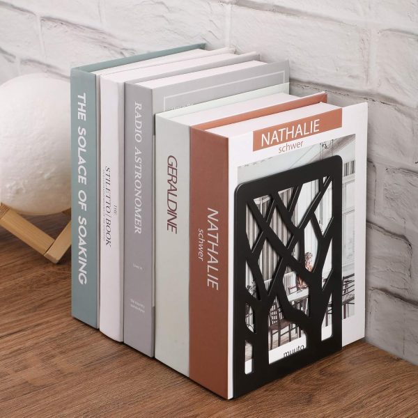 supplier direct maxgear tree design modern bookends for shelves, non-skid book holder, heavy duty metal storage for books/cds, decorative book stopper for home, 7 x 4.7 x 3.5”, black (2 pair/4 pieces) wholesale prices