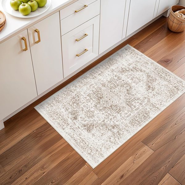 global sourcing washable 2x3 entryway mat - small indoor area rug for entrance with vintage non-slip low-pile traditional medallion indoor rug with stain resistant accent distressed carpet thin rug (bridge) oem/odm services
