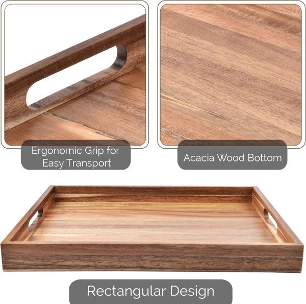 wholesale direct acacia wood serving tray with handles set of 2 – decorative serving trays platter for breakfast in bed, lunch, dinner, patio, ottoman, coffee table, bbq, party –great for lap &couch bulk purchase at factory prices