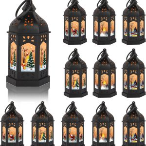 custom wholesale llq 12pcs christmas decorations mini lanterns with flickering led candles, vintage black decorative lantern, small hanging candle lanterns with pattern for table holiday party, xmas tree ornament oem/odm services