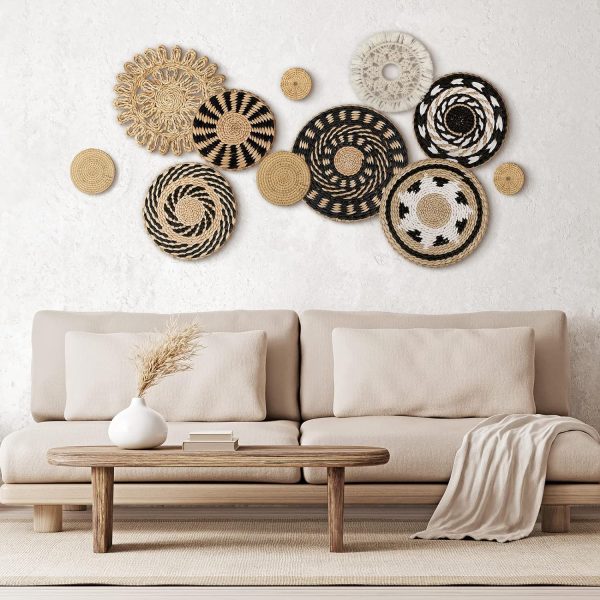 bulk purchase 11 pcs boho wall basket decor decorative bulrush woven basket wall decor boho wall art round farmhouse wall hanging baskets for kitchen rustic home christmas decorations, multi sizes(retro) trade price