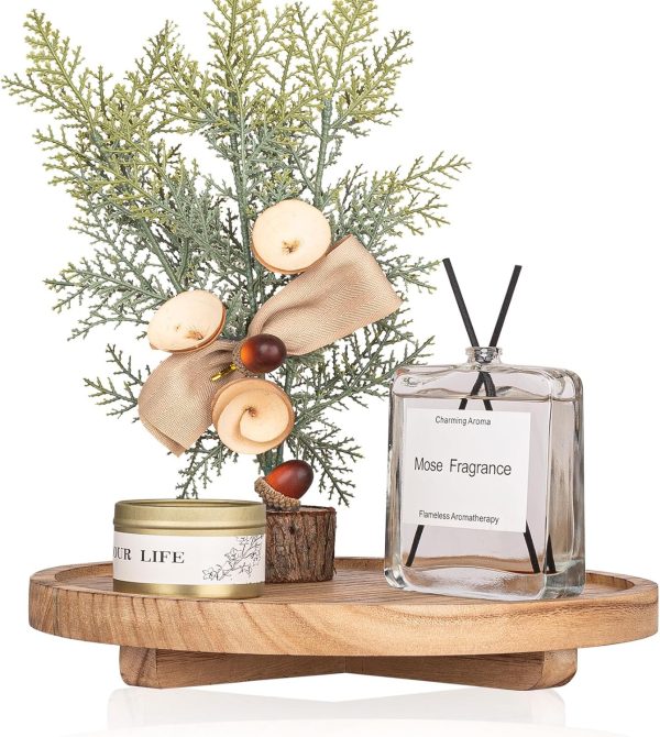 wholesale direct round decorative tray wood bathroom counter organizer farmhouse kitchen decor wooden riser for soap dish, perfume, candle, sponge, 10" - brown bulk purchase at factory prices