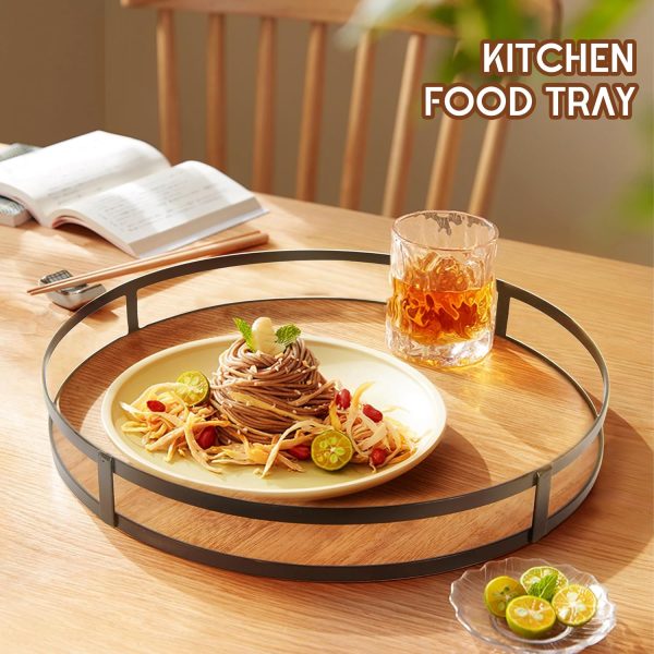 wholesale direct defined deco 12in decorative tray-round serving tray with metal handle-decorative trays for home decor,living room decor,coffee table decor,rustic wooden tray for kitchen table decor,dining table. bulk purchase at factory prices