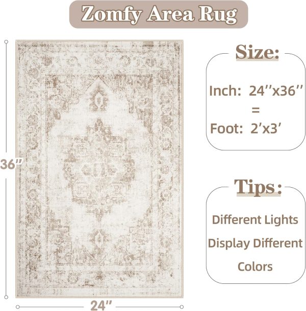 global sourcing area rug 2x3 vintage rug: small washable indoor medallion entryway rug low pile distressed floor carpet retro accent doormat for bedroom bathroom hallway kitchen home office(beige, 2'x3') oem/odm services