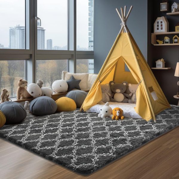 global sourcing plush area rug 4x6 feet high pile rugs for living room, ultra soft indoor carpet for bedroom, playroom, playroom, home decor, geometric, dark grey/white oem/odm services