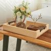 wholesale direct wooden serving tray by tasteful surroundings – ottoman tray - natural wood color with black metal handles - modern decorative trays with metal handles – coffee table tray for living room & bedroom bulk purchase at factory prices