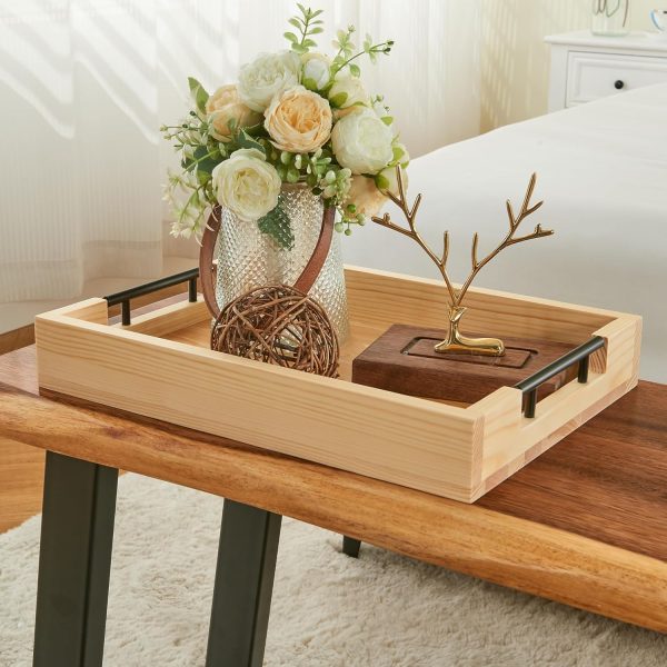 wholesale direct wooden serving tray by tasteful surroundings – ottoman tray - natural wood color with black metal handles - modern decorative trays with metal handles – coffee table tray for living room & bedroom bulk purchase at factory prices