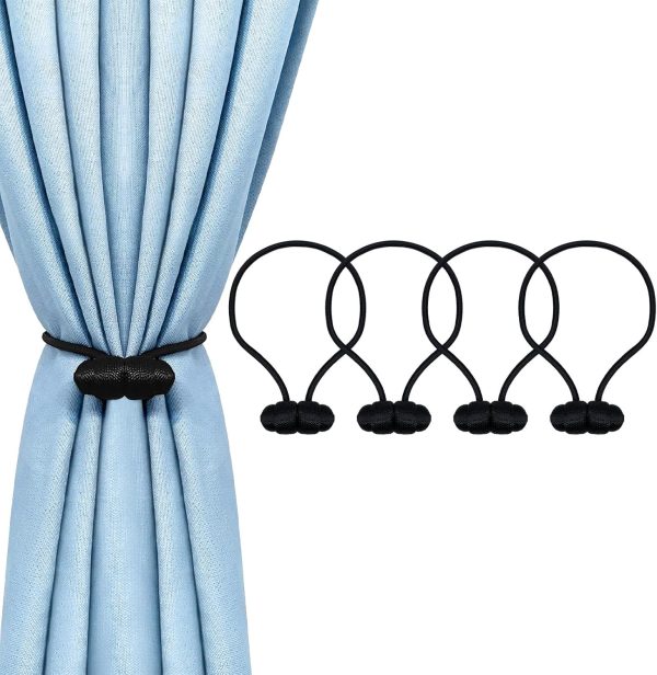 bulk purchase tifanso black magnetic curtain tiebacks - 4pcs curtain tie backs for curtains, decorative curtain ties holdbacks for drapes, boho drapery tiebacks, no drill curtain hooks for bedroom, farmhouse decor factory discount