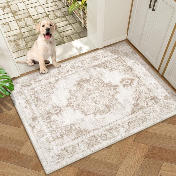 global sourcing area rug 2x3 vintage rug: small washable indoor medallion entryway rug low pile distressed floor carpet retro accent doormat for bedroom bathroom hallway kitchen home office(beige, 2'x3') oem/odm services