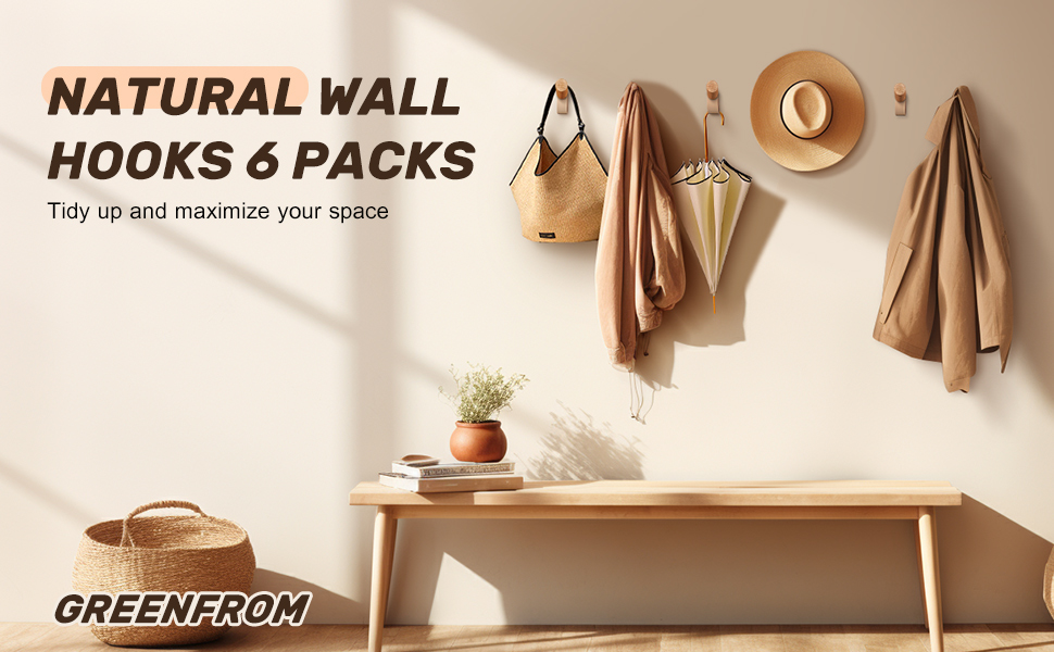 competitive pricing 6 pack wood wall hooks, wooden coat hooks wall mount, heavy duty robe hat hooks for wall, decorative rustic coat rack hangers for hanging clothes towels guitar backpacks purses one-stop wholesale