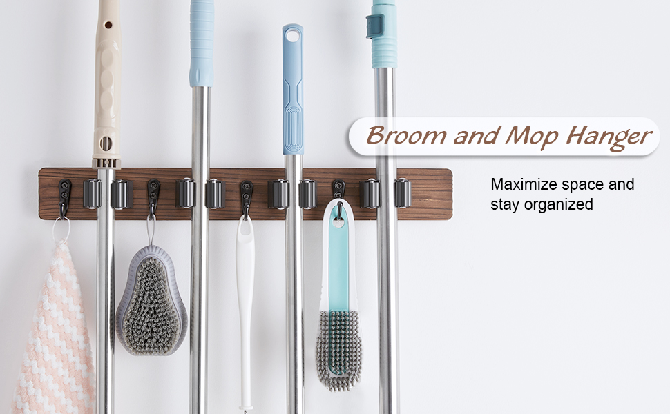 bulk purchase mop and broom holder wall mount - rustic wood broom mop hanger - wall mounted garden tool rack organizer for closet garage laundry room kitchen decor with 4 slots & 4 hooks trade price