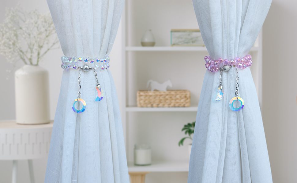 bulk purchase magnetic curtain tiebacks, 2 pack crystal beaded sun & moon pendants curtain sheer/drapery holdbacks, beaded curtain ties for window home decor (crystal ab) factory discount
