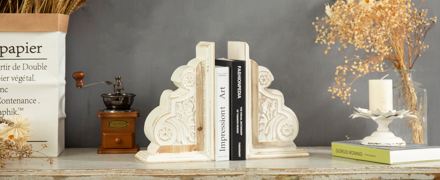 supplier direct 1 pair rustic distressed finish wood bookends, white bookends decorative unique, carved pattern farmhouse book ends for shelves, bookends for heavy books, wooden corbels for home room decor wholesale prices