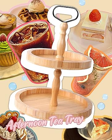 wholesale direct 2 tiered tray, rustic round farmhouse style decorative tray, dessert stand kitchen island decor, wooden serving tray for coffee food fruits cupcakes, home decor holiday display, dark wood bulk purchase at factory prices