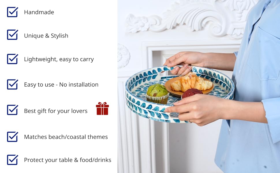 wholesale direct claynix serving tray 12.5 inch, lacquer mother of pearl inlay mosaic tray, round wooden marble tray with handles trays for tea, breakfast (leaf style) bulk purchase at factory prices