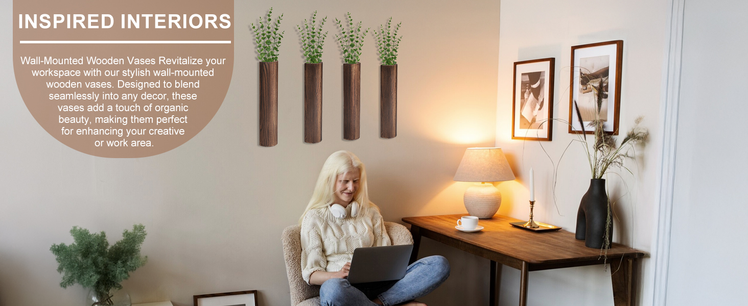 bulk purchase 4 pack wood wall planter with artificial eucalyptus, modern wall decor for living room bedroom bathroom entryway, farmhouse boho wall vases for dried flowers and faux plants trade price