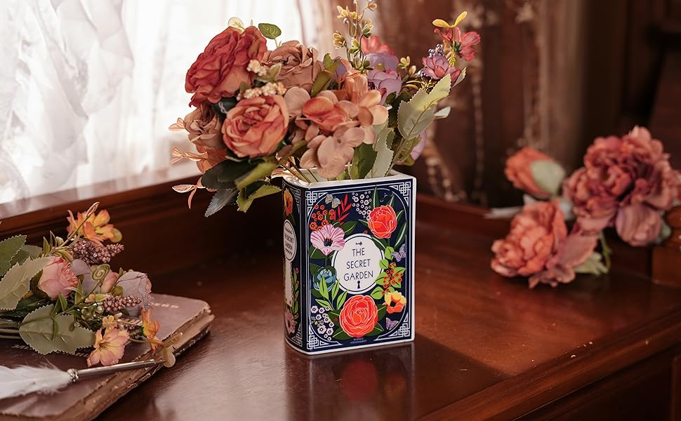 oem/odm services ceramic book vase for flowers, book flower vase for home decor, cute bookshelf decor, book lovers gifts, unique home/bedroom/office accent (small - secret garden) affordable bulk deals