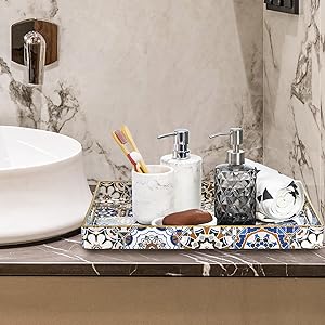 wholesale direct hiceeden set of 2 decorative serving trays with handles, boho tea trays ottoman trays for serving, modern plastic coffee table tray for living room, kitchen, bathroom, rectangle, blue bulk purchase at factory prices