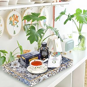 wholesale direct hiceeden set of 2 decorative serving trays with handles, boho tea trays ottoman trays for serving, modern plastic coffee table tray for living room, kitchen, bathroom, rectangle, blue bulk purchase at factory prices