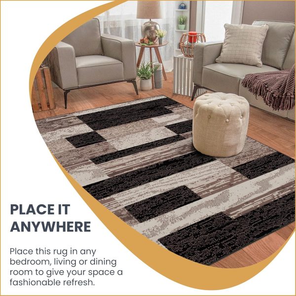 manufacturer direct superior indoor area rug, jute backed, modern geometric patchwork floor decor for bedroom, office, living room, entryway, hardwood floors, rockwood collection, 3' x 5', chocolate trade price