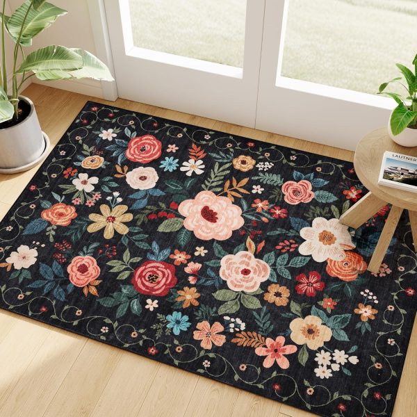 global sourcing dukino 2x3 rugs for entryway, floral indoor washable door mat, non slip boho small rug for kitchen, soft low pile throw rug, front door rug for entrance, bedroom, kitchen, laundry, bathroom, black oem/odm services