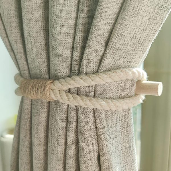bulk purchase curtain holdbacks boho tiebacks for drapes, farmhouse jute rope cotton tie backs with rustic wood club, curtain accessories holders for indoor outdoor use, set of 4 factory discount