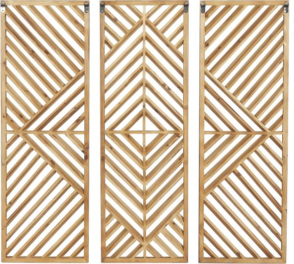 bulk purchase deco 79 wood geometric home wall decor slatted wood design wall sculpture, set of 3 wall art 12"w, 35"h, brown trade price