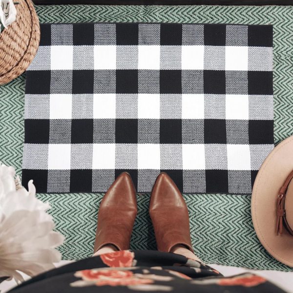 global sourcing buffalo plaid area rug - 27.5x43 inches, black and white checkered, washable cotton, ideal for front porch, kitchen, entryway, patio, bathroom oem/odm services