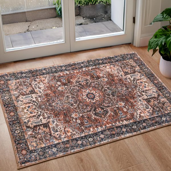 global sourcing iseau indoor entryway 2x3 vintage rug - small machine washable area rug with non-slip backing, low pile throw rugs for door, entrance, kids room, bedside, bedroom, kitchen oem/odm services
