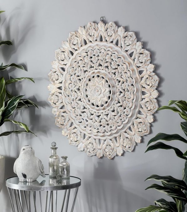 bulk purchase deco 79 wood floral handmade home wall decor intricately carved mandala wall sculpture, wall art 35" x 2" x 35", white trade price