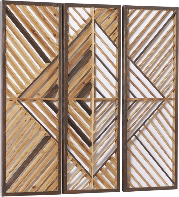 bulk purchase deco 79 wood geometric home wall decor slatted wood design wall sculpture, set of 3 wall art 12"w, 35"h, brown trade price